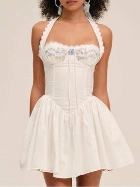 For Love & Lemons White Halter Mini Dress with Pastel Embroidery